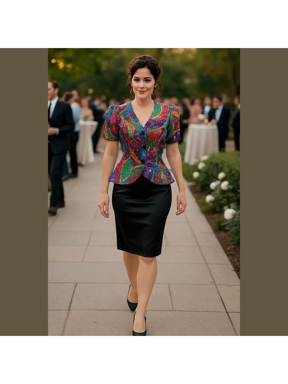 80s 2PC RIMINI COTTON MULTICOLOR PAISLEY SEQUIN ENCRUSTED PEPLUM TOP & BLK SKIRT